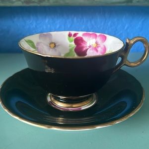Vintage Delphine Black and Gold Rim Tea Cup with Floral Interior